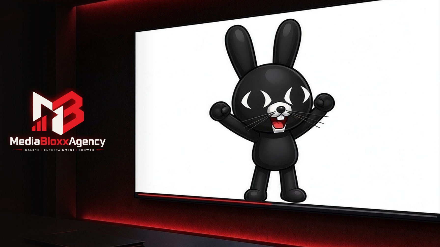 Estudio de MediaBloxx Agency: logo de la marca y RatthewBlox en la tele